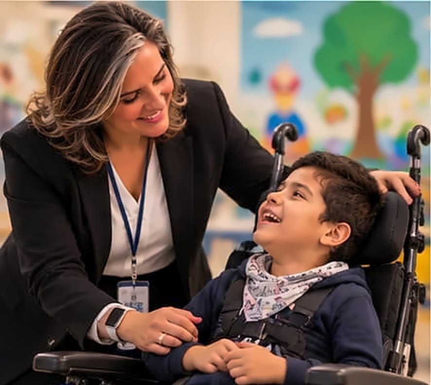 Caline Saleh shares a laugh with a young boy in a wheelchair.