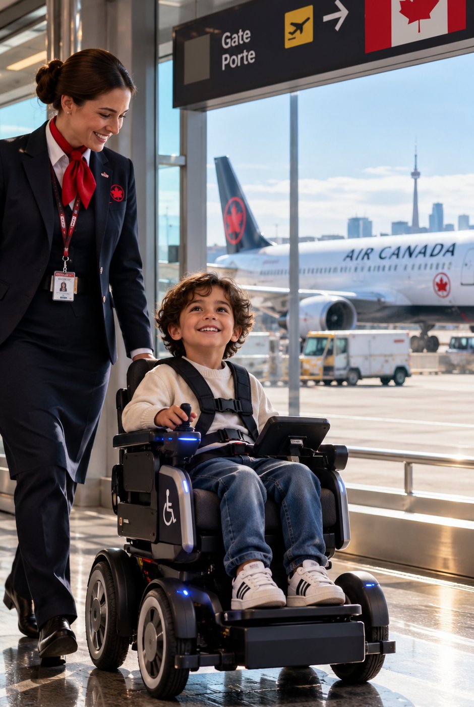 A smiling boy drives his power wheelchair through an airport terminal next to a flight attendant, with a plane and a city skyline behind the window.