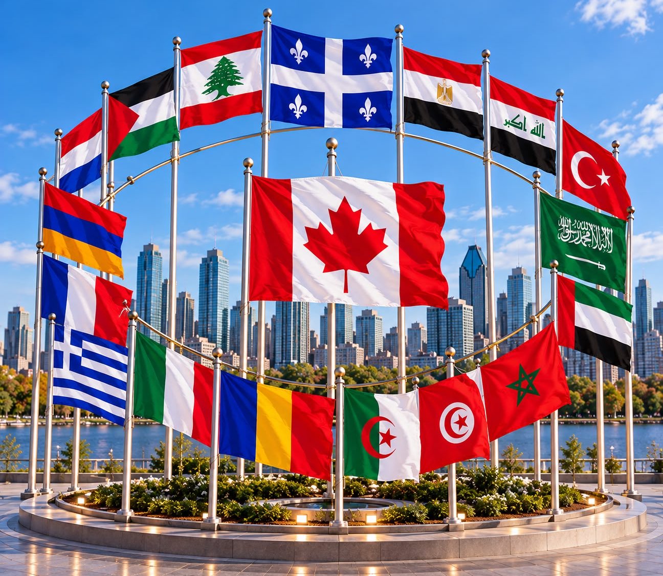 The flags of Canada, Québec, Lebanon and many other countries in a circle, with a city skyline behind.