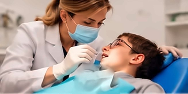 A dentist examines a boy’s teeth in a dental chair.