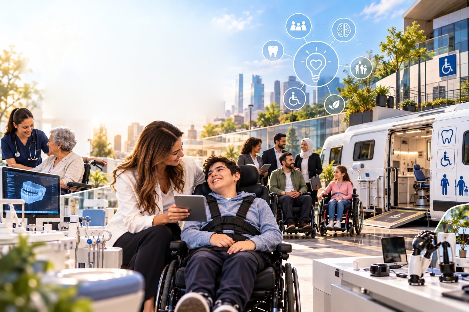 Une place urbaine lumineuse avec une clinique dentaire mobile et sa rampe d’accès : une femme munie d’une tablette sourit à un adolescent en fauteuil roulant, parmi des familles, des professionnels de la santé et des équipements de soins modernes.