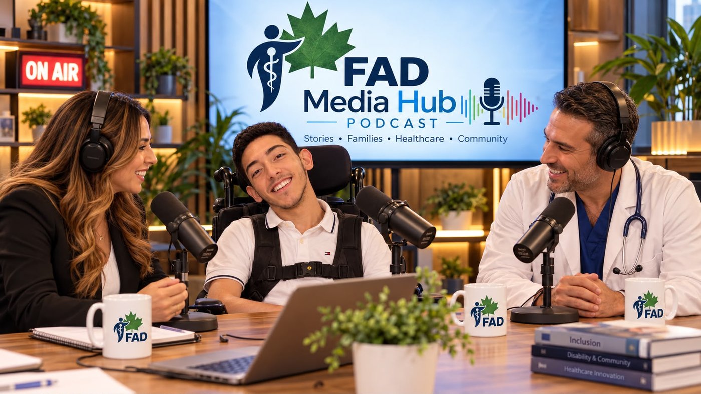 A woman, a young man in a wheelchair and a doctor talk into microphones in a podcast studio, in front of a screen showing the FAD Media Hub Podcast logo.